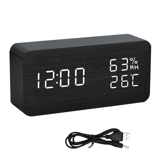 Reloj despertador LED Mesa de madera Humidómetro Termómetro Control de voz Temporizador de escritorio digital, Madera negra Luz blanca Inevent HA004025-05