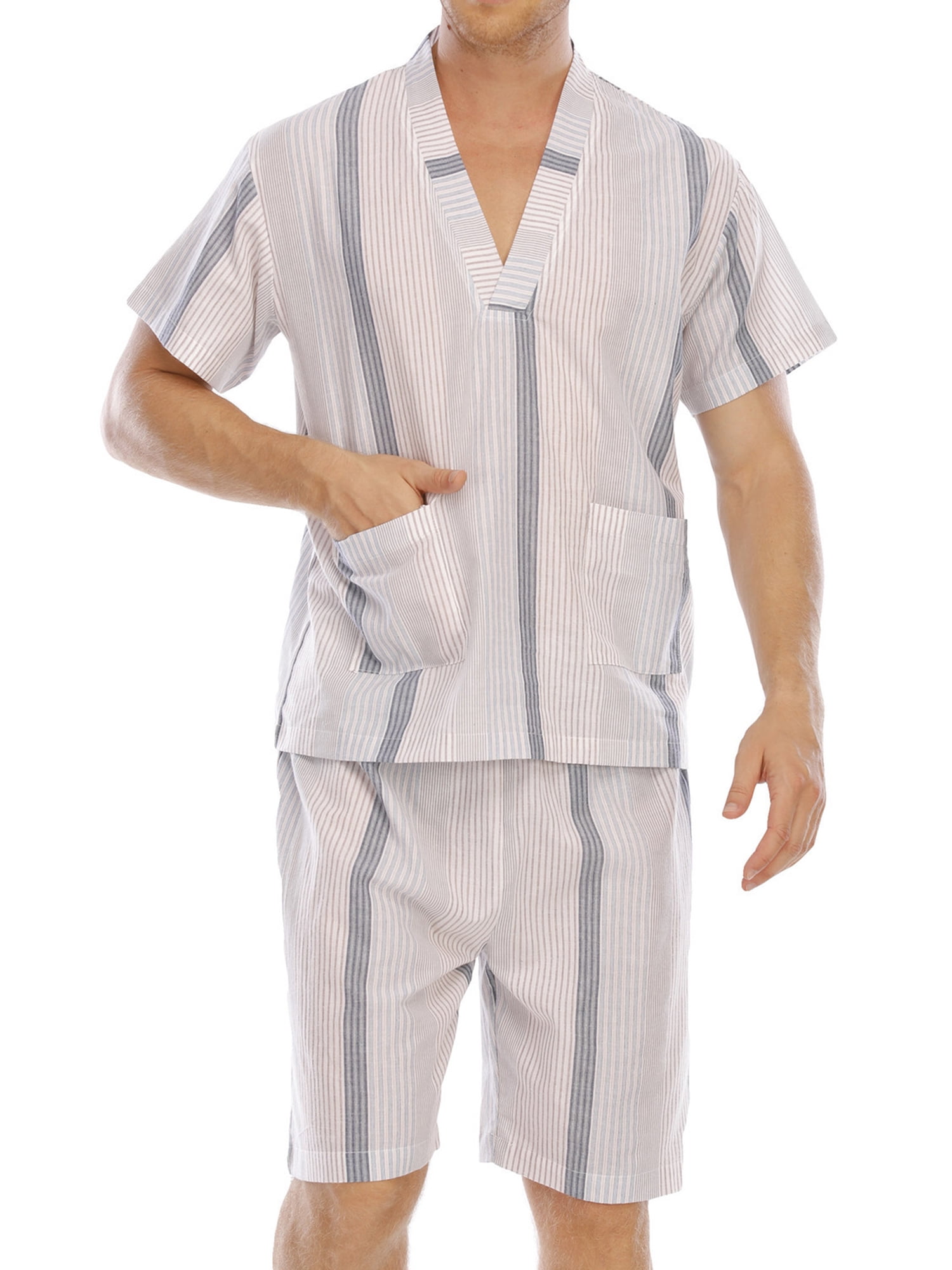 Hanerdun Men 2PCS Nightwear Male Striped Pajamas Set with Pockets