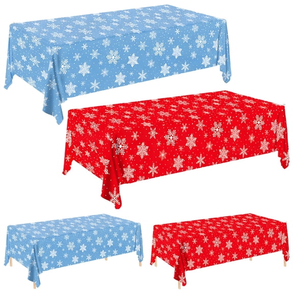 Christmas Plastic Tablecloth Set, Disposable Snowflake Table Cover for Rectangle Tables Winter Holiday Parties, Sky Blue/Red, One Size, ABS