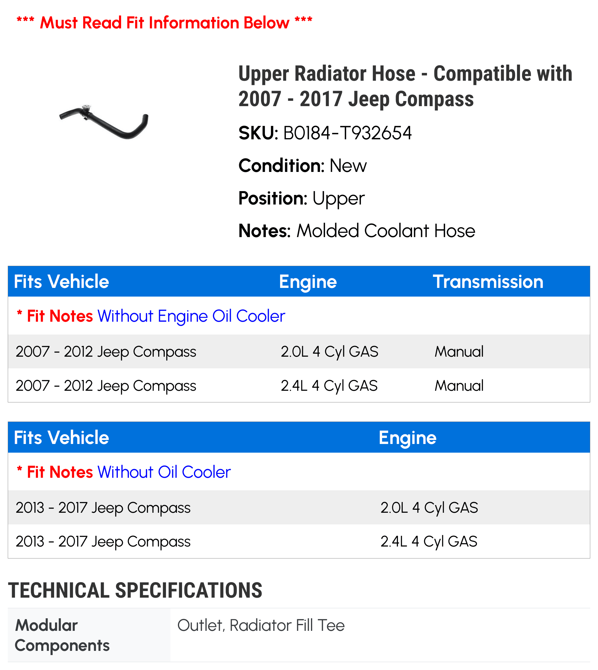 Upper Radiator Hose - Compatible with 2007 - 2017 Jeep Compass 2008 2009 2010 2011 2012 2013 2014 2015 2016