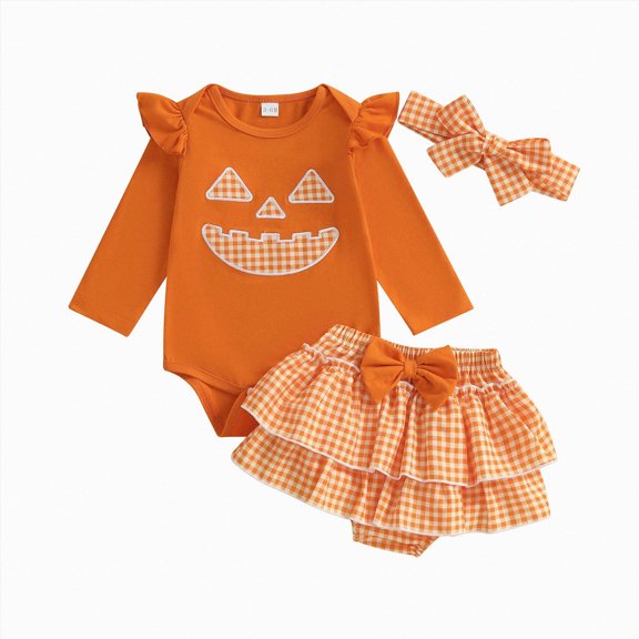 Linfrsh My First Halloween Baby Girl Outfit Pumpkin Romper Ruffle Layered Skirt Headband Set Cute Clothes, 0-3 Months