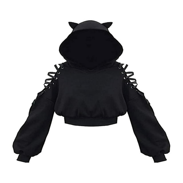 Chandail à Capuchon Court à Lacets pour Femmes, Manches Longues, Chandail à Capuchon avec Oreilles Mignonnes de Chat
