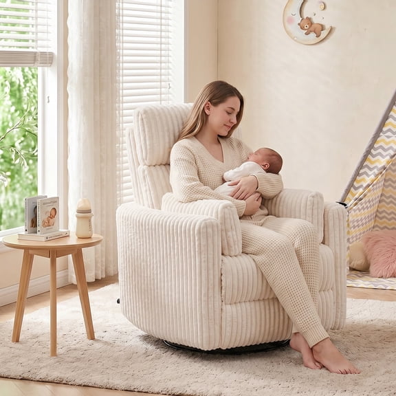 Power Recliner Nursery Glider Rocking Chair with USB A C Port, Swivel Upholstered Electric Recliner with 2 Pillows, Corduroy Beige
