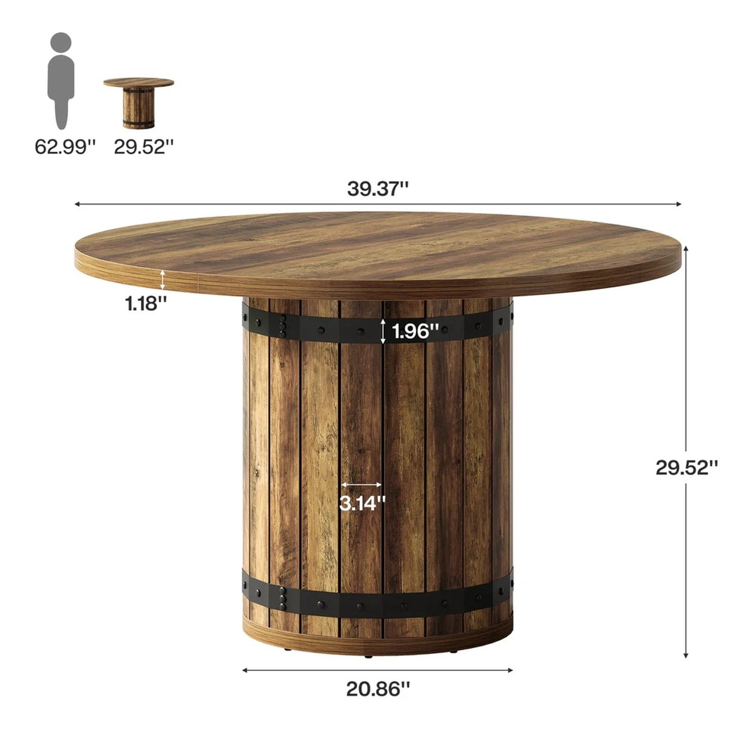 39.37 in Round Farmhouse Dining Table, Rustic Brown MDF, Seats 4