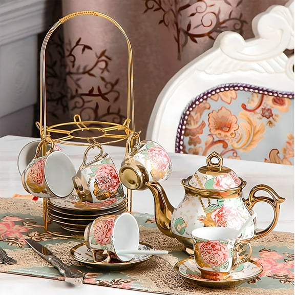 SLLINGLUO 20 Pieces Coffee Set Tea Set with Metal Stand, Vintage Porcelain Tea Cup Set, Rose Ceramics Coffee Tea Set, Gold