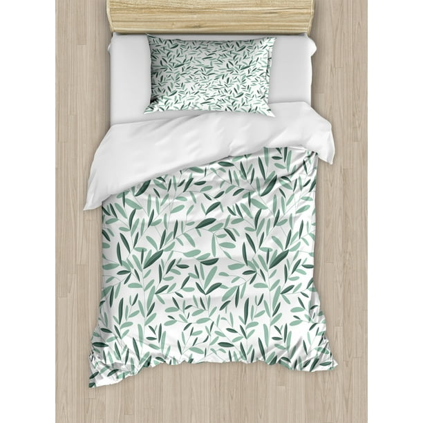 Sage Duvet Cover Set Twin Size, Pattern with Leaves Environment Nature