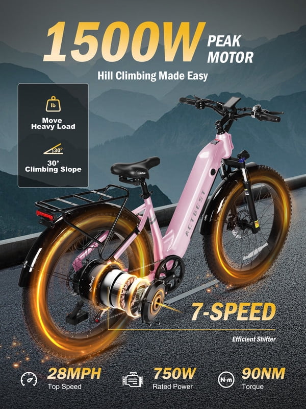 Electric Bike for Adults Peak 750W 20MPH Brushless Motor,48V Electric Mountain Bikes, 26"×4 Fat Tires Ebike,7 Speed (Pink)