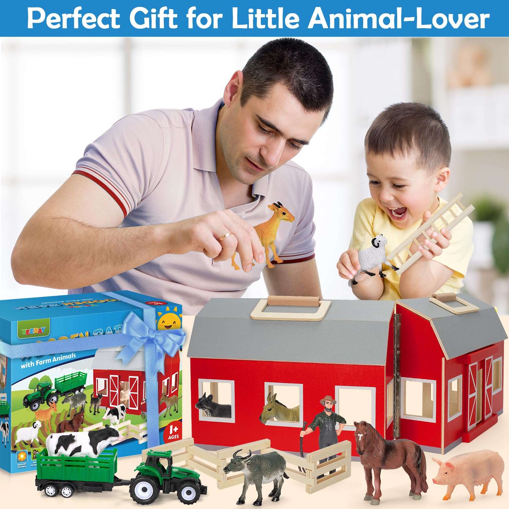QiquBox Animaux Ferme Jouet Set pour Enfants, Animaux Figure Ensemble Jouet avec Maisons Moulin
