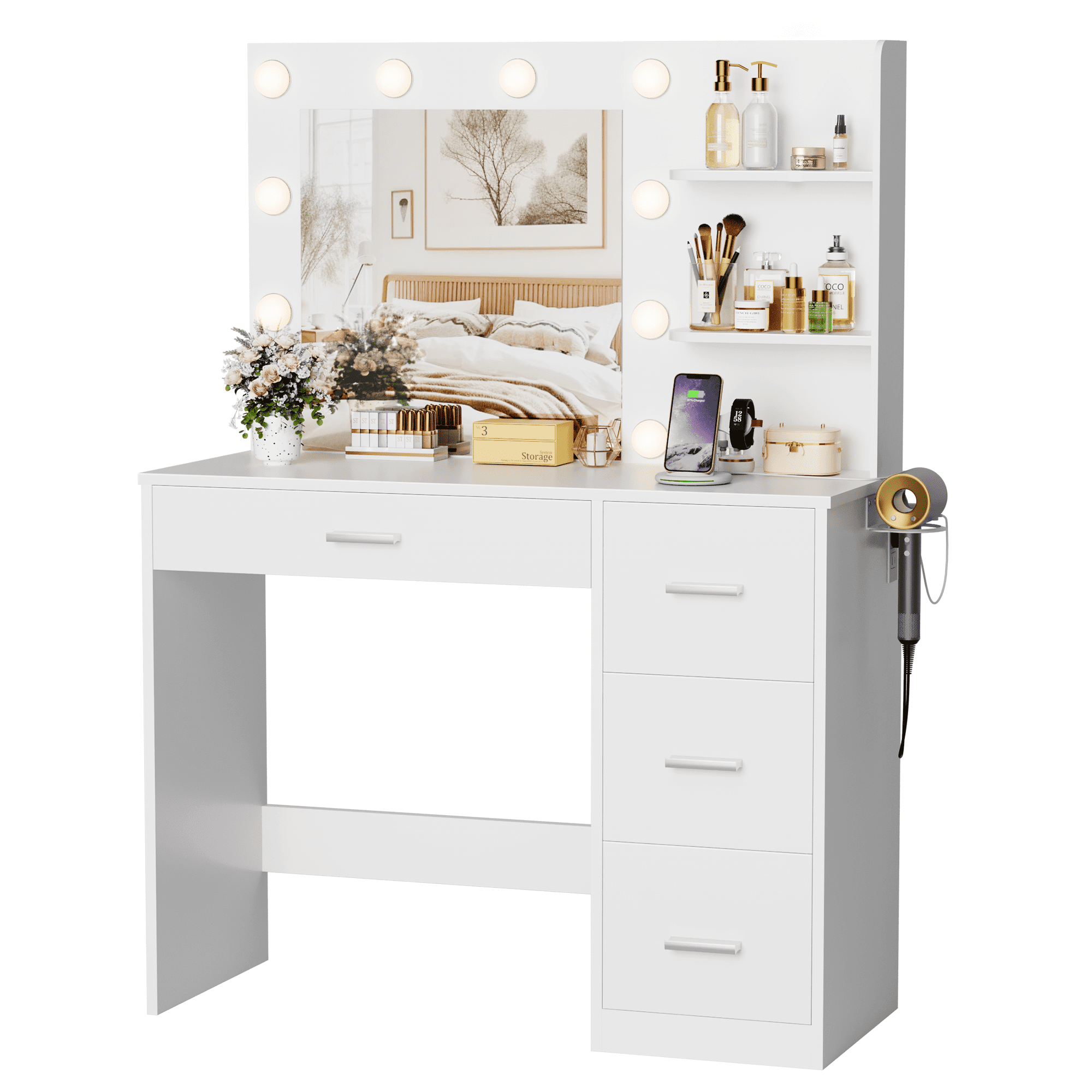 Homall Makeup Vanity Desk with LED Lighted Mirror and Power Outlet, Stylish Functional Vanity Table for with 4 Drawers and 3 Shelves for Bedroom, White