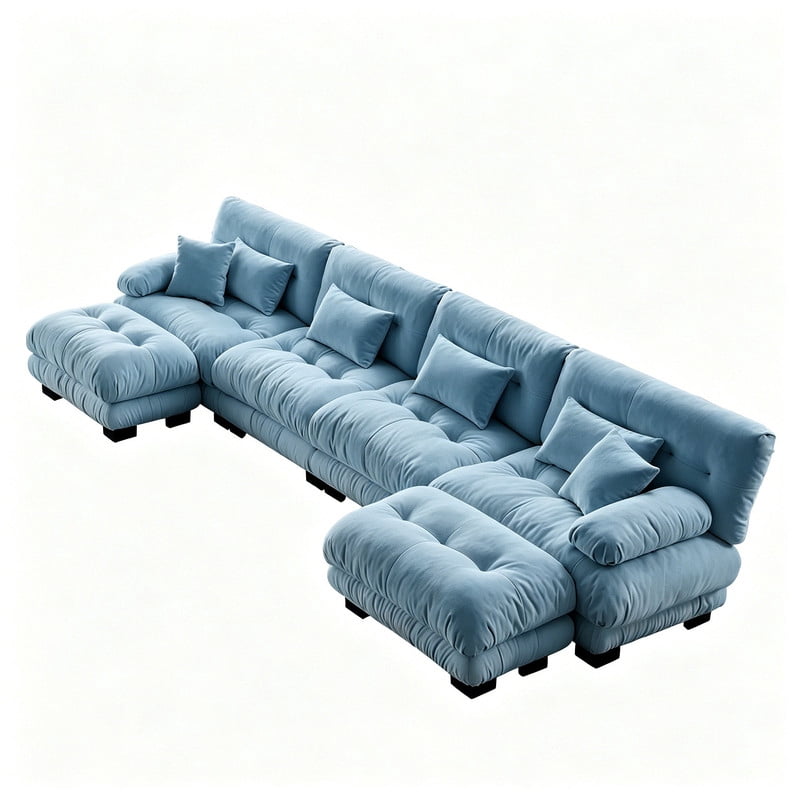 ANPPORT Cloud Couch Sleeper Sofa, Chenille Blue 4-Seater Modular Sofa with 2 Ottomans, 4 Lumbar pillows, 2 Pillows, Comfy Deep Seat Cloud Sofa, Convertible L-Shaped Floor Couch for Living Room