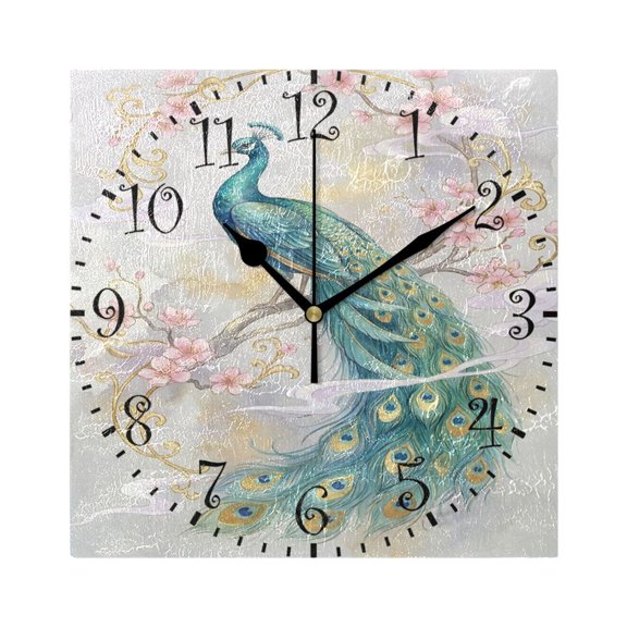 7.78" Black Analog Square Wall Clock Peacocks and Cherry Blossoms