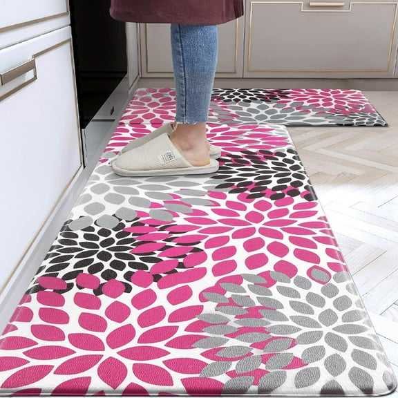 Kitchen Mats for Floor [2 PCS] Anti-Fatigue Kitchen Rugs Non Slip Washable, Boho Flower Waterproof Kitchen Decor Cushioned, Standing Floor Mats for Home/Office, 18''''x30'''' 18''''x48''''(Deep Pink)