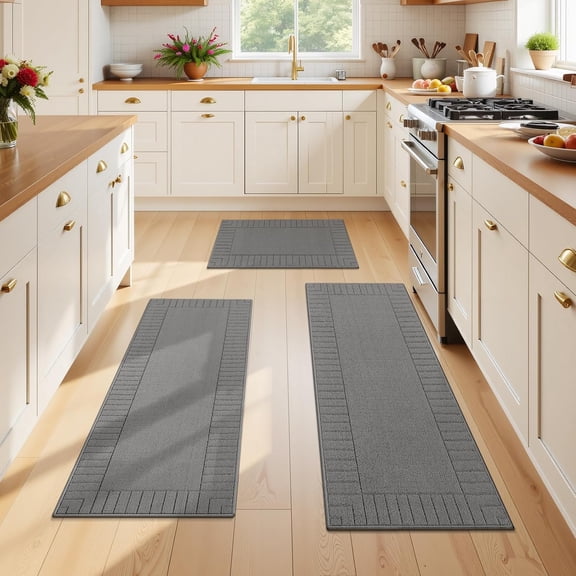 Kitchen Mats for Floor 3 Piece Set Non Slip Kitchen Rugs Washable Farmhouse Kitchen Floor Mats Thick Long Area Rug Carpet Runner for Hallway Entryway Laundry Bathroom, Grey