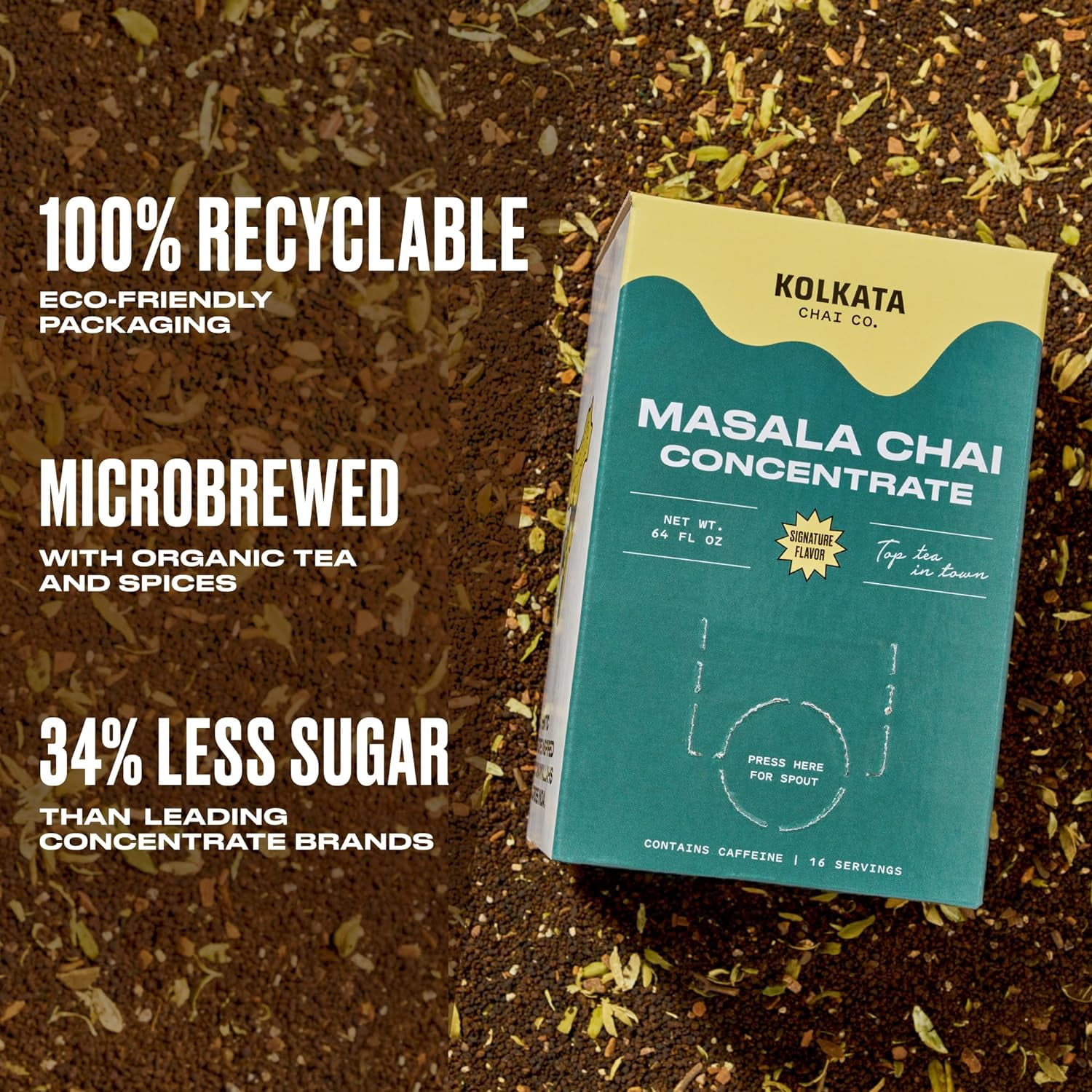 Kolkata Chai - Masala Chai Concentrate for Chai Tea Latte, 64oz Microbrewed Premium Organic Black Tea and Spices, Vegan, Gluten Free, All Natural, Makes 16 servings
