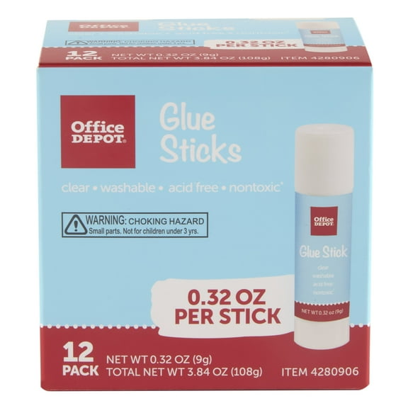 Office Depot® Brand Glue Sticks, 0.32 Oz, Clear, Pack Of 12 Glue Sticks