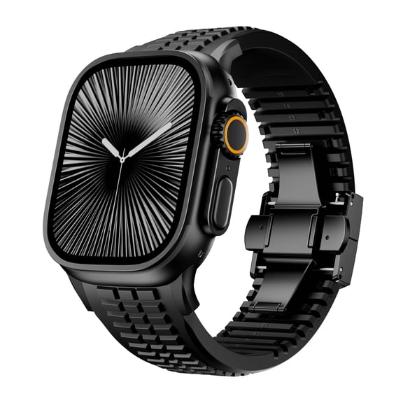 Silicone Watch Band Compatible with Apple Watch 42(Series 1/2/3)/44/45/46/49mm, Stainless Steel Black Color Metal Folding Clasp, for iWatch Series 10 9 8 7 6 5 4 3 2 1 SE Ultra, Black
