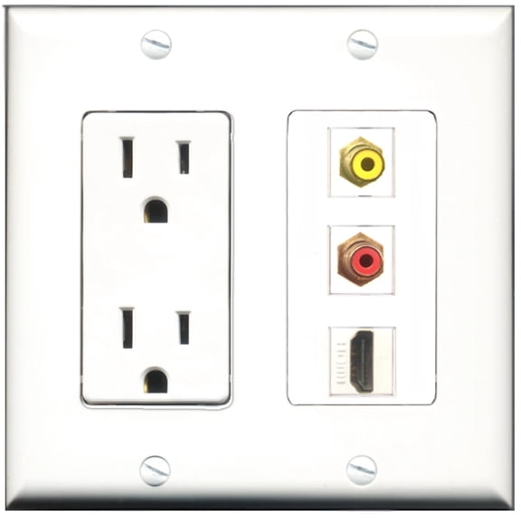 Ultra Spec Cables 15 Amp Power Outlet 1 Port HDMI 1 Port RCA Red 1 Port RCA Yellow Wall Plate