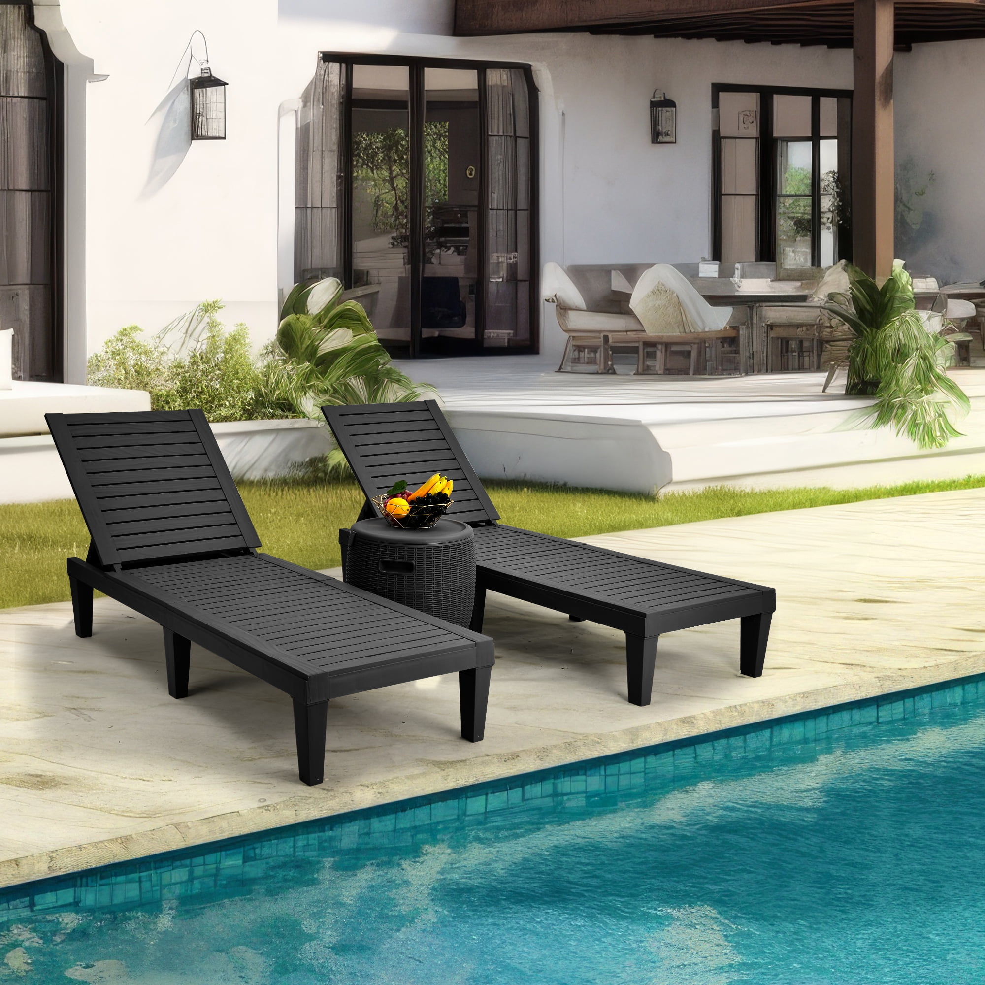 Dextrus Black Outdoor Resin Storage Cabinet & Single Chaise Lounge, Polypropylene, Wood Grain Pattern, Includes Accessories