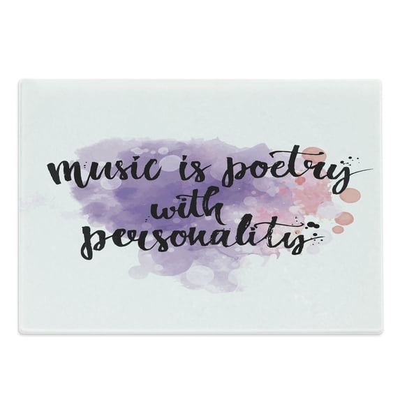 Music Cutting Board, Inspirational Words About Music Hand Written Calligraphy Color Splashes Art, Decorative Tempered Glass Cutting and Serving Board, Large Size, Violet Coral Black, by Ambesonne