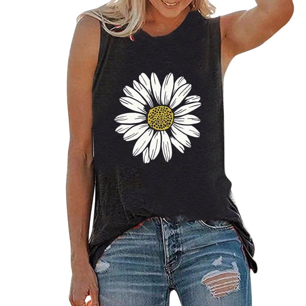 Playeras,Blusas y Tops,Ropa para Mujer Tank Tops Mujer Blusa Verano Tops Camisetas Gráfico Mujeres O-cuello Estampado Sin mangas Blusa de mujer (Black, L)