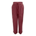 thumbnail image 4 of KPOPLK Woman Within Linen Pants Tall Cotton Linen Elastic Waisted Drawstring Button Casual Summer Cropped Trousers with Pockets Size L,Wine, 4 of 5