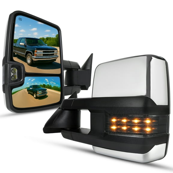 Spec-D Tuning Smoke LED Signal Power Heated Manual Fold Towing Mirrors Chrome Compatible with 1988-1998 GMC C/K 1500 2500 3500 , 1992-1999 Yukon Suburban Left   Right Pair
