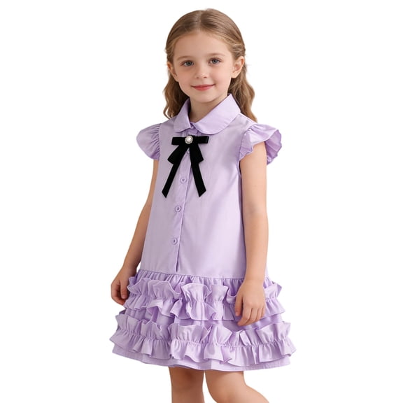 Ticikt Girls Ruffle Sleeve Summer Dress Kids Casual Pleated School Uniform Polo Dresses,Color:Purple,Size:3-4 Years