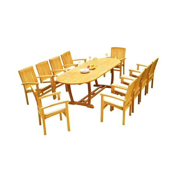 Grade-A Teak Dining Set: 10 Seater 11 Pc: 94" Mas Oval Trestle Leg Table And 10 Wave Stacking Arm Chairs Outdoor Patio WholesaleTeak #51WV2311