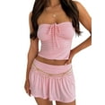 thumbnail image 2 of Summer Two Piece Outfits for Women Y2K Going Out Tie Ruched Tube Crop Tops Low Rise Pleated Mini Skort Skirt Sets Pink L, 2 of 7