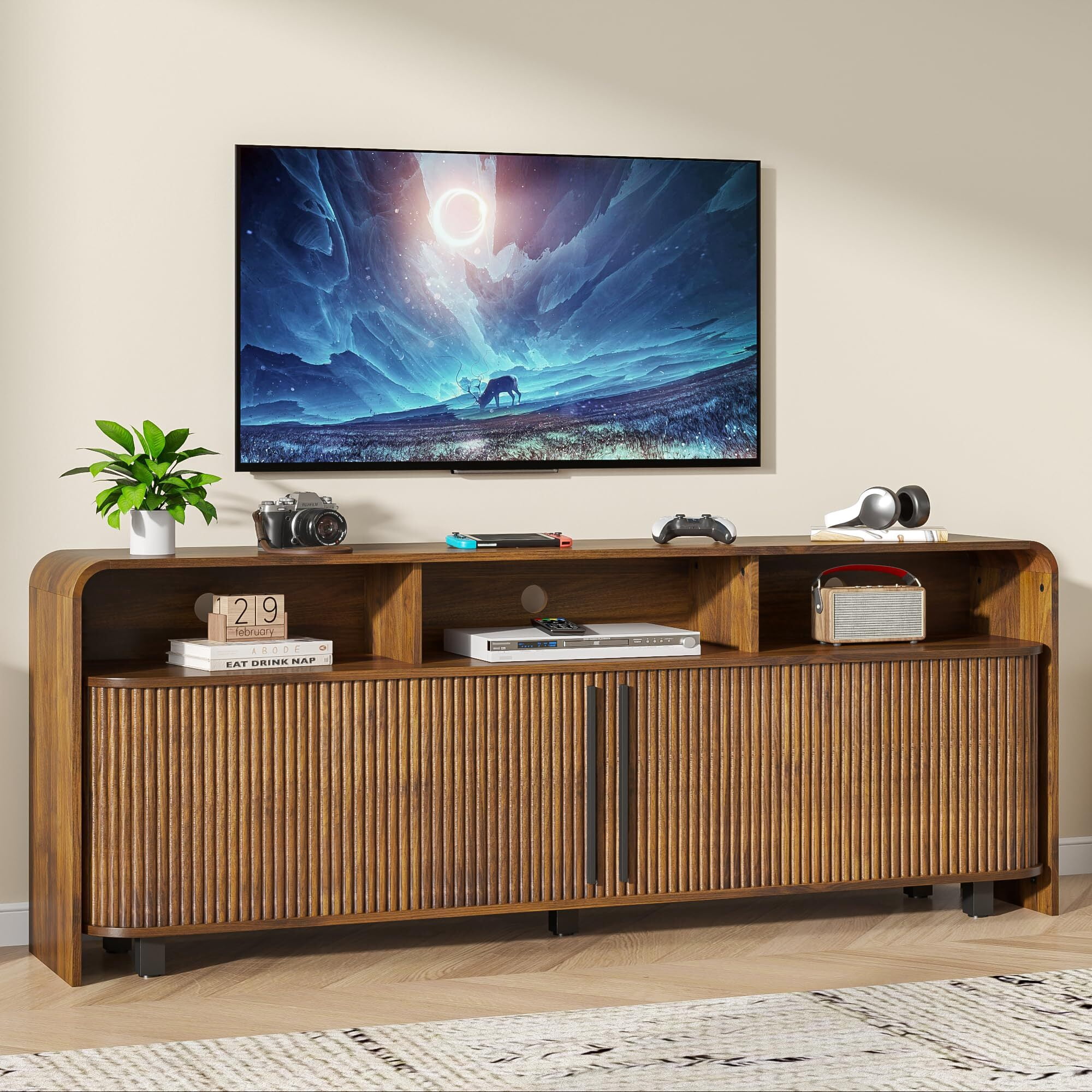 Fluted TV Stand for 65-80" TV, 70" Mid Century Modern Console, Large Walnut Entertainment Center with Storage, Sliding Doors