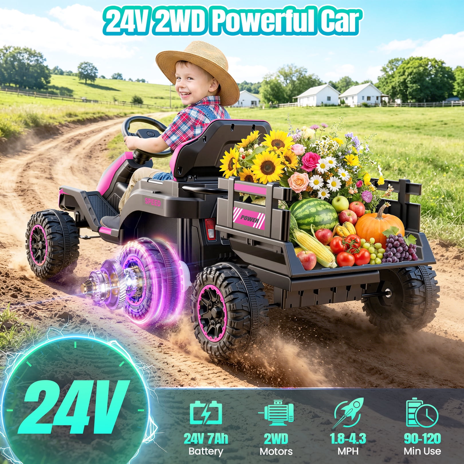 VIBESPARK 24V Ride on Toys with Remote Control, 3 in 1 Ride on Car, Ride on Tractor for Kids with Trailer, 6 Wheel Kids Electric Car w/ Bluetooth, MP3, Music, Pink