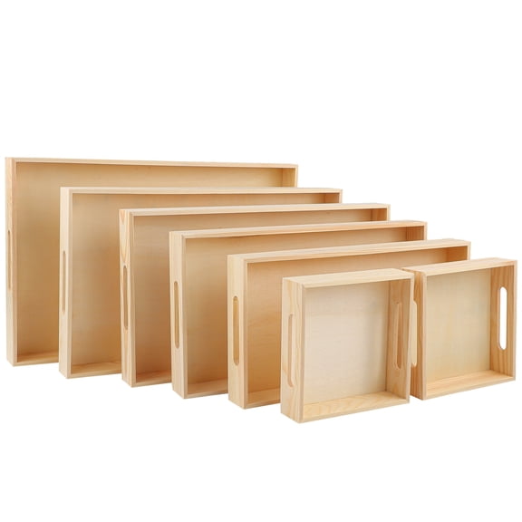 Elcoho 7 Pieces Wooden Nested Serving Trays Rectangular Unfinished Wooden Trays with Cutout Handles for Crafts Breakfast Food Serving Tray Organizer Tray Home Decor Kitchen Bathroom Use