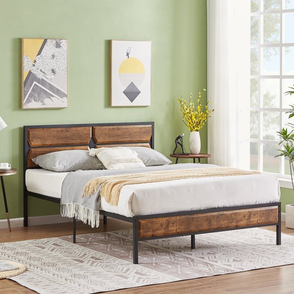 VECELO Full Size Bed Frame with Wooden Headboard & Footboard, Strong Slats Support/No Box Spring Needed, Brown