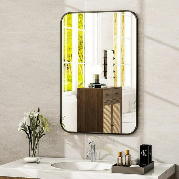 BEAUTYPEAK 20"x 28" Rectangle Rounded Corner Bathroom Aluminum Alloy Wall Mirror,Black