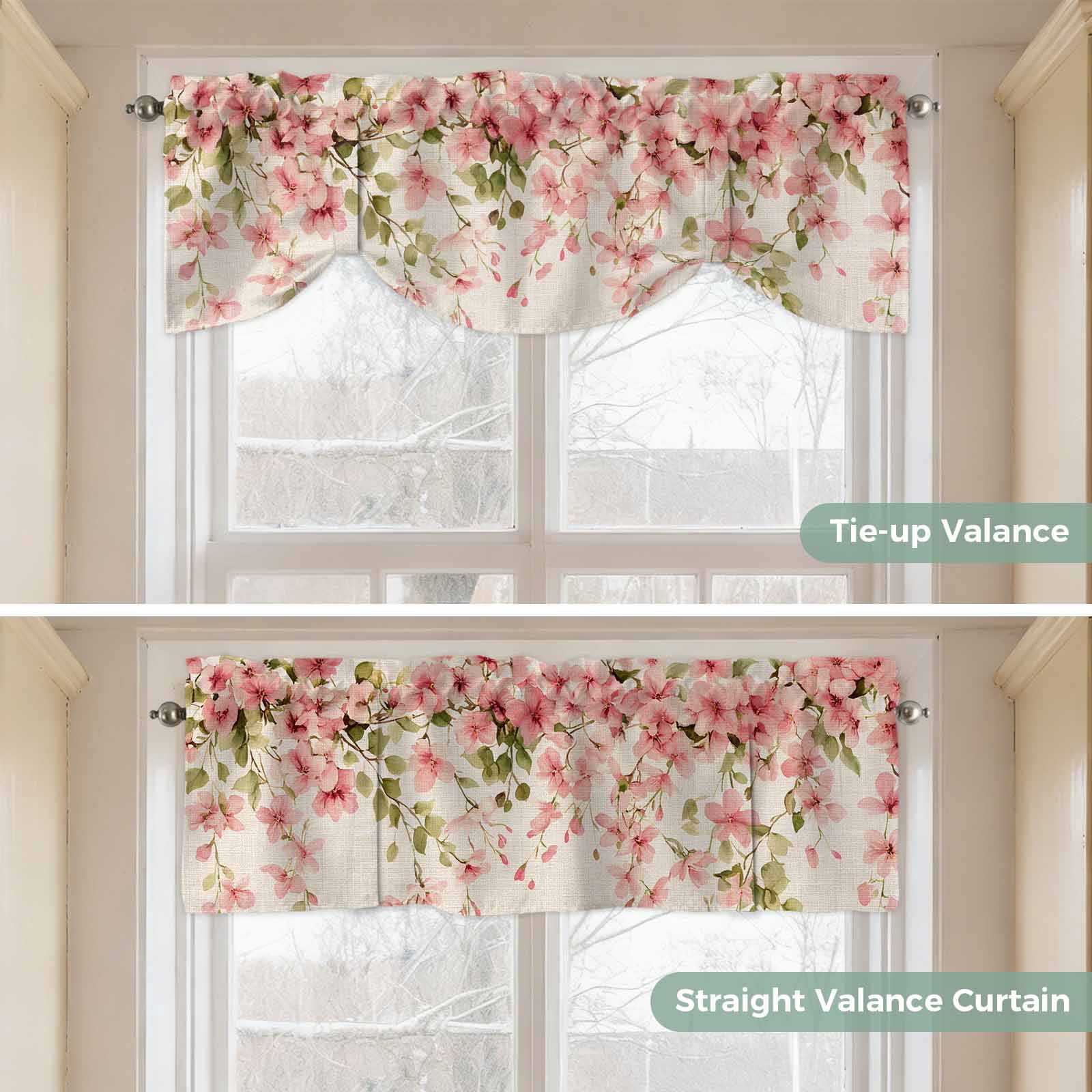 Spring Floral Tie Up Valance for Windows, Pink Flowers Green Leaves Linen Texture Adjustable Rod Pocket Tie Up Valance Curtains Window Treatment for Kitchen Bathroom Bedroom 60 X 18 Inch