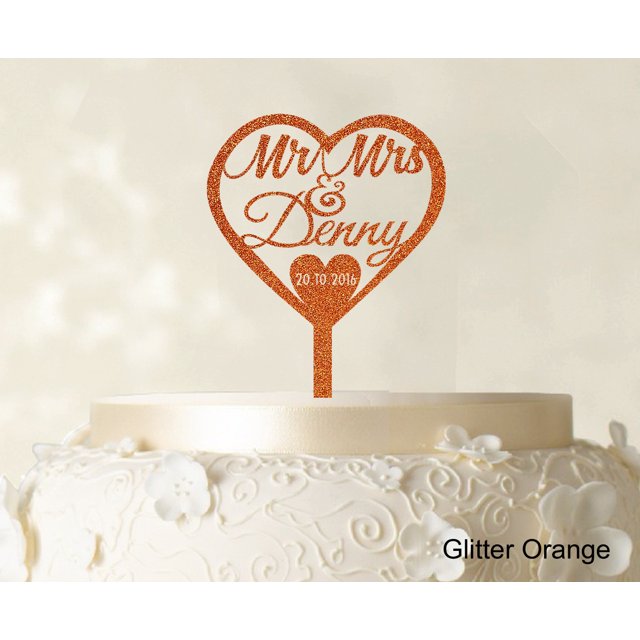 Personalized Mr And Mrs Wedding Cake Topper With Date And Heart Cake Decorations Color Option Available 5.5-6.5 Inches Wide