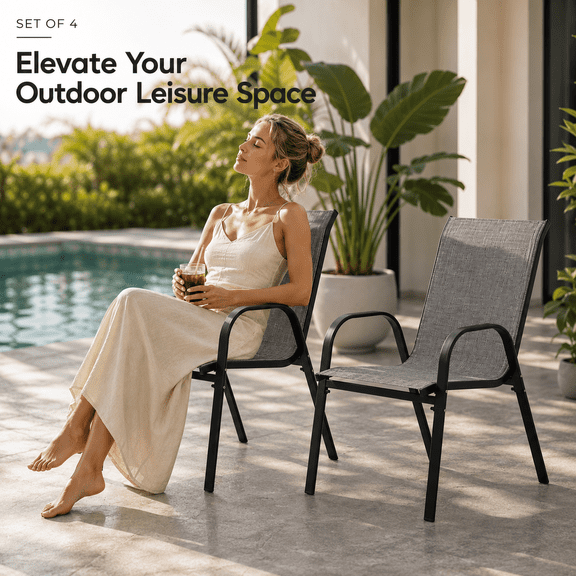 4-Piece Patio Chairs with Breathable Textilene, High Back, Grey