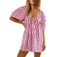 thumbnail image 2 of Feancey Womens Romper Dress with Shorts Striped Romper Overalls Oversized Short Jumpsuit V Neck Puff Sleeve Mini Dress Red L, 2 of 6