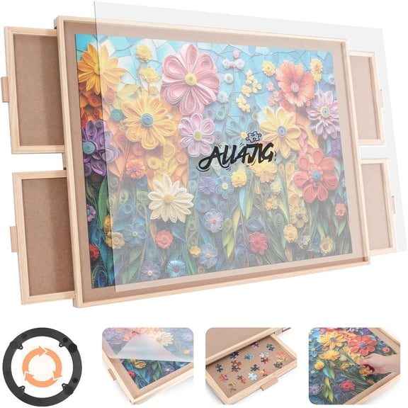 1500 Pieces Rotating Puzzle Board with 4 Drawers and Cover,25"x34" Portable Wooden Jigsaw Puzzle Table