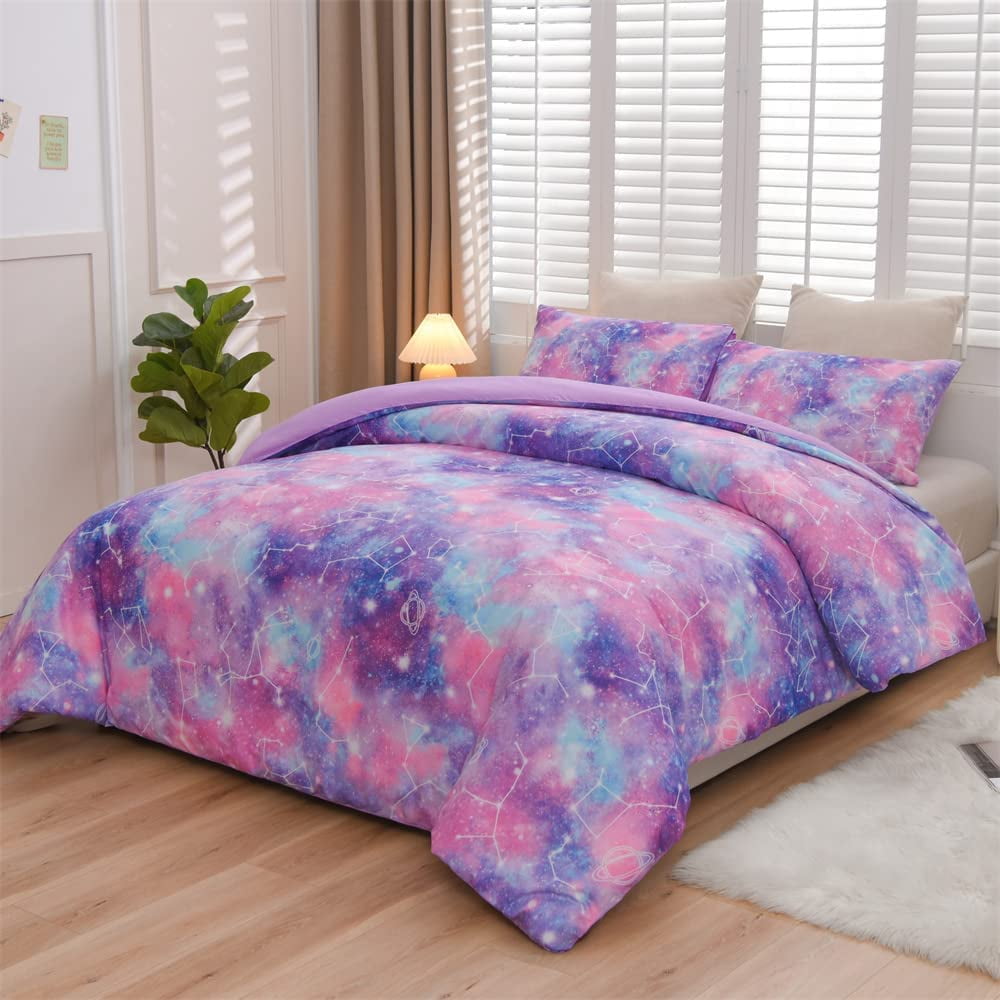 NTBED Tie Dye Constellation Print Ombre Comforter Set Full Size Gradient Galaxy Bedding Set Purple