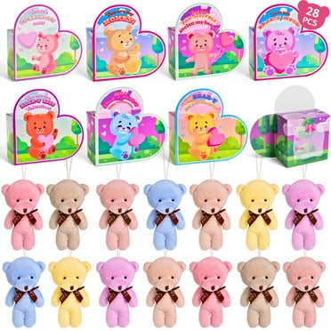 Fun Little Toys 28Pcs Valentines Mini Keychain Bear Plush Toys with Heart Boxes, Valentines Party Favors for Kids Classroom Exchange, Prize Supplies, Valentine’s Gifts Exchange School Rewards