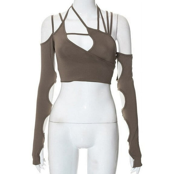 YCNYCHCHY Cyber Y2k Top Crop Techwear Punk Women Halter Top Gothic egirl Patchwork Long Sleeve Crop Tops Sexy Cut Out Casual T-shirts
