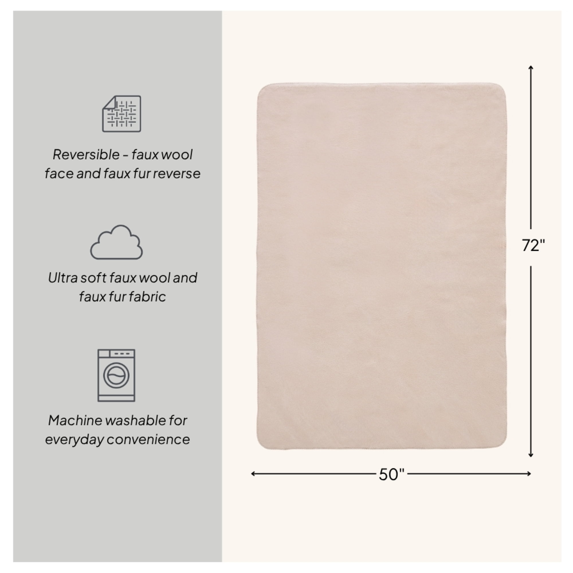 Better Homes & Gardens Papyrus Beige Faux Wool Reverse to Faux Fur Throw, 50" x 72"