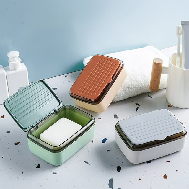 Fiudx Jabonera con Tapa Abatible, Bandeja de Drenaje Extraíble, Plástico Duradero, Organizador para Baño y Cocina, Imprescindible para Viajes, Tamaño 13,5 X 10,5 X 5,5 Cm