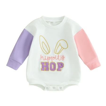 

Suealasg Infant Girls Easter Outfits 3M 6M 12M 18M Baby Girls Clothes Long Sleeve Round Neck Bunny Ear Letter Embroidery Contrast Color Romper Bodysuit