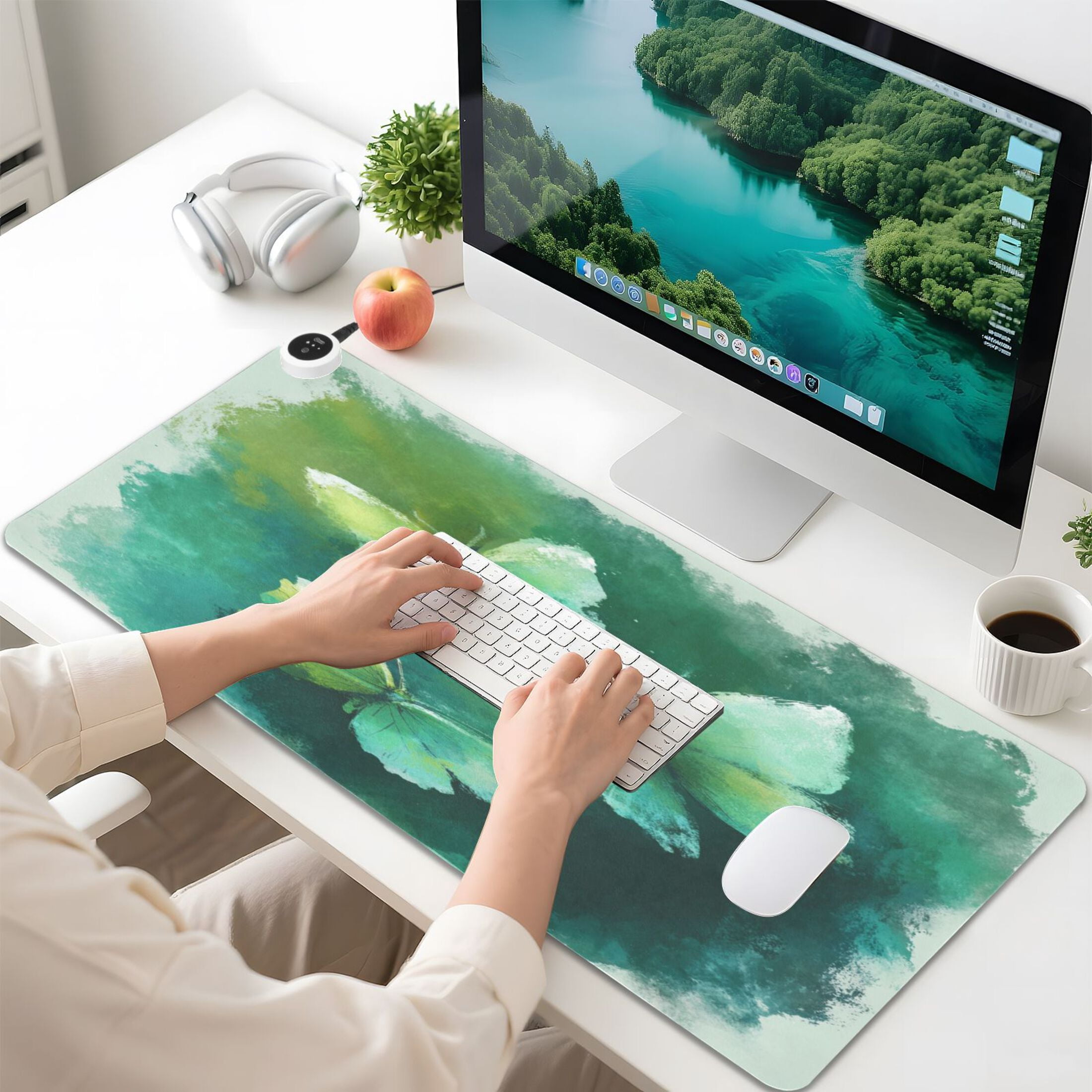 Large Heated Desk Mat Mouse Pad 31.5"x13"PU Leather Graphene Heating Desk Warmer with 3 Temperature Settings 110V US Plug Non-Slip Warm Pad for Home, Office, and Gaming Deep Green Butterfly Whisper