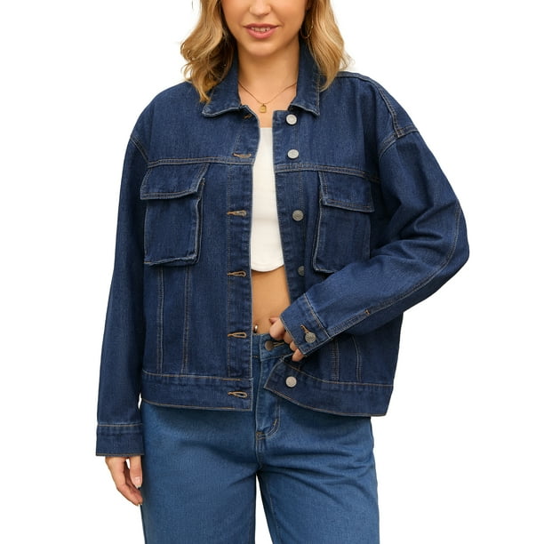 Chaqueta de mezclilla de mujer de gran tamaño INSPIRE CHIC con botones y bolsillos en el pecho, talla S, azul oscuro