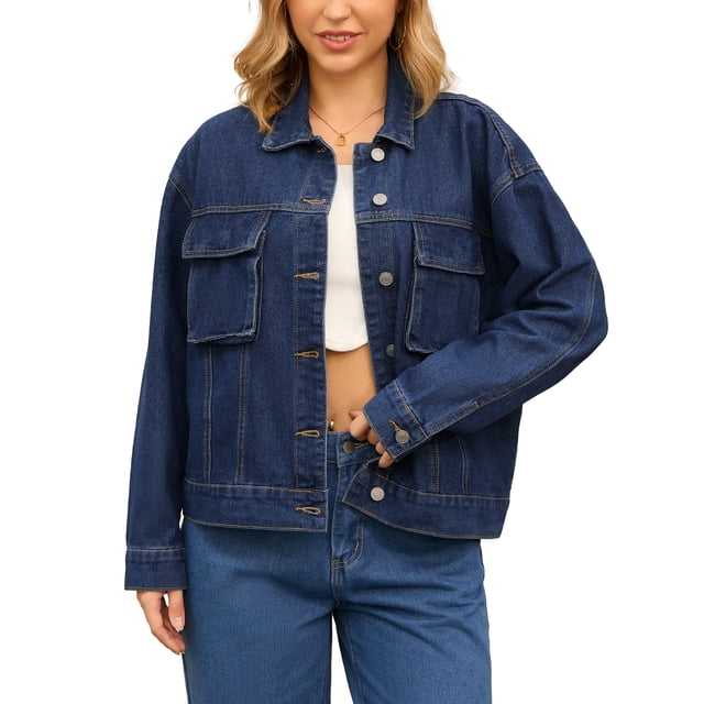 Chaqueta de mezclilla de mujer de gran tamaño INSPIRE CHIC con botones y bolsillos en el pecho, talla S, azul oscuro