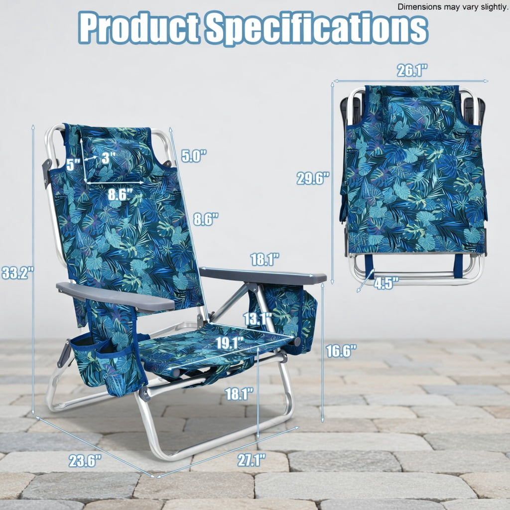 Hommoo 4-Pack Adjustable 5-Position Folding Beach Chair Set with Pillow, Aluminum Frame, Navy