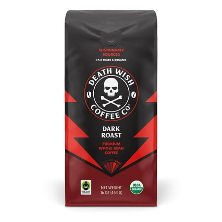 Death Wish Coffee  Organic and Fair Trade  Dark Roast  Whole Bean Coffee  16oz